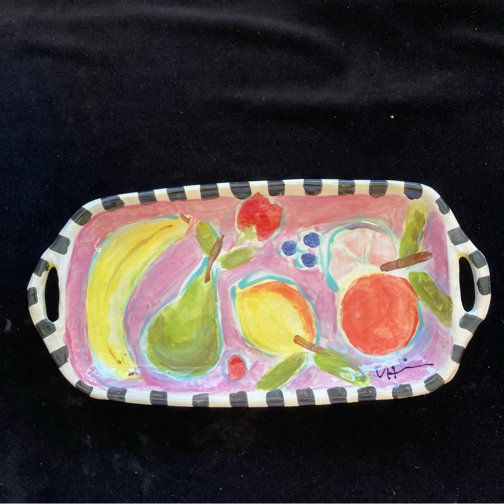 Handmade Ceramic Serving Tray w/ Handles Mixed Fruit On Pink Design 14”